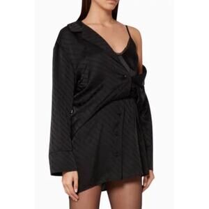 Alexander Wang Black Tonal Logo Deconstructed Shirt Dress Silk Blend Black Sz 2